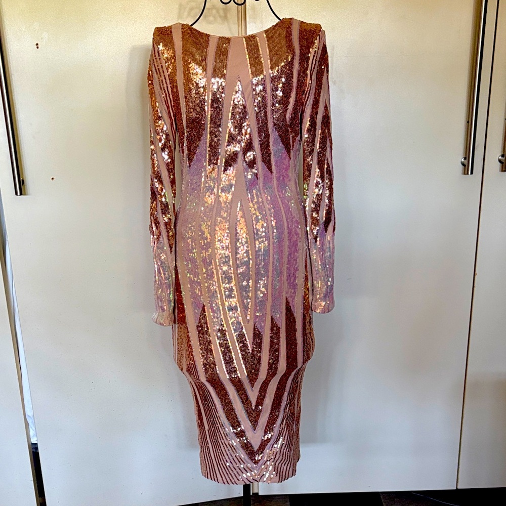 Dress the Population Rose Gold Sequin Long Sleeve Dress